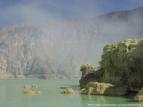 Вулкан Иджен. Озеро. Вода горячая Ява, Индонезия