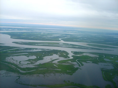 фото  Снимок из окна самолета, на подлете к городу — тундра, вода, озера, болота... Нарьян-Мар, Россия