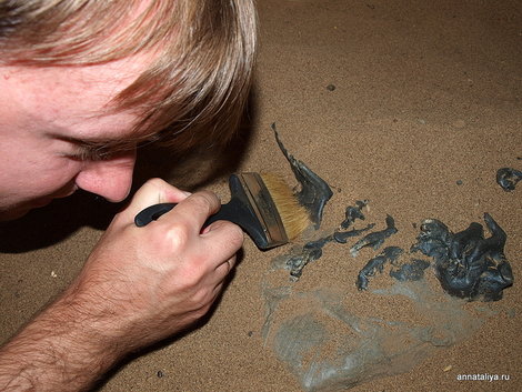 Котельнич. Палеонтологический музей. Муж раскапывает скелет динозавра в песочнице для начинающих археологов Котельнич, Россия