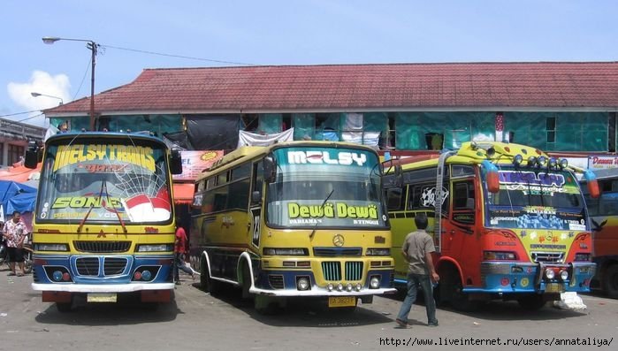 Эти автобусы индонезийцы почему-то очень любят всячески украшать и раскрашивать. Почему — непонятно, к тому же они, как правило, всегда очень древние. Индонезия