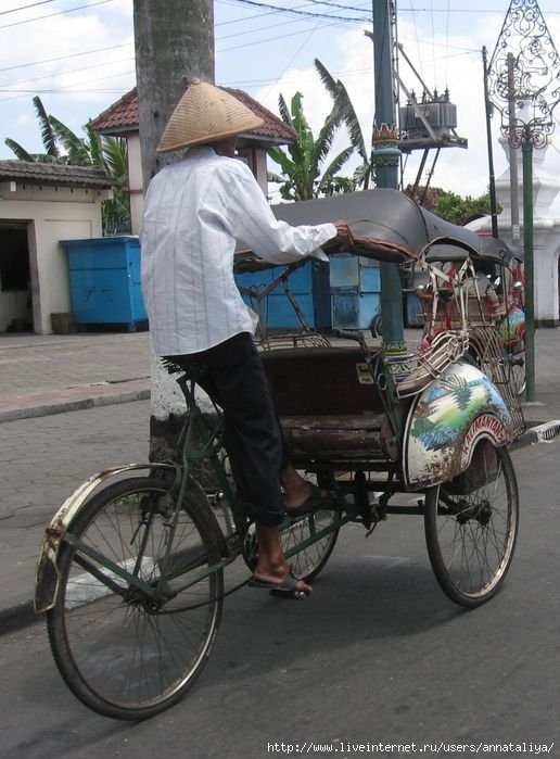 А еще в некоторых городах Индонезии ездят бичаки. Бывают они мото и вело. Мото — более цивильный вариант. Эта этакая мелкая кибитка под крышей для двоих пассажиров и водителя (фотки, к сожалению, нет). А вот, что такое велобичак, можете сами посмотреть. Индонезия