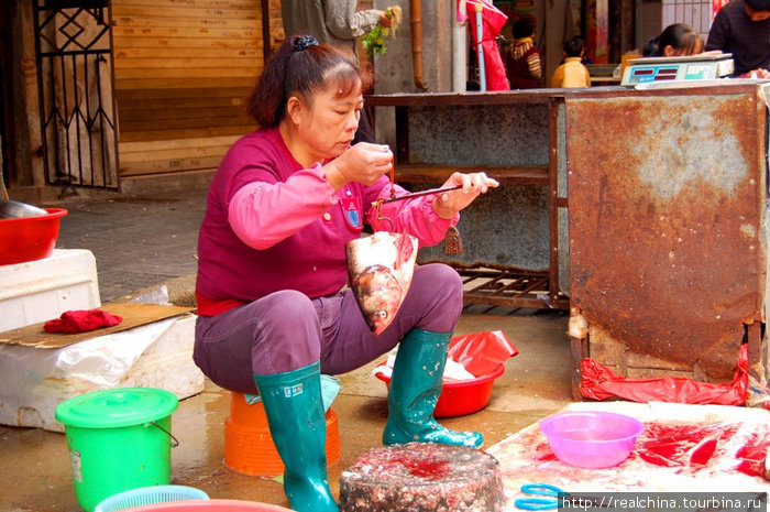 Эта милая китайская женщина взвешивает рыбью голову. У нее в руках очень распространенные среди местных рыночных торговцев весы. Простые и гениальные, как и многие китайские изобретения.