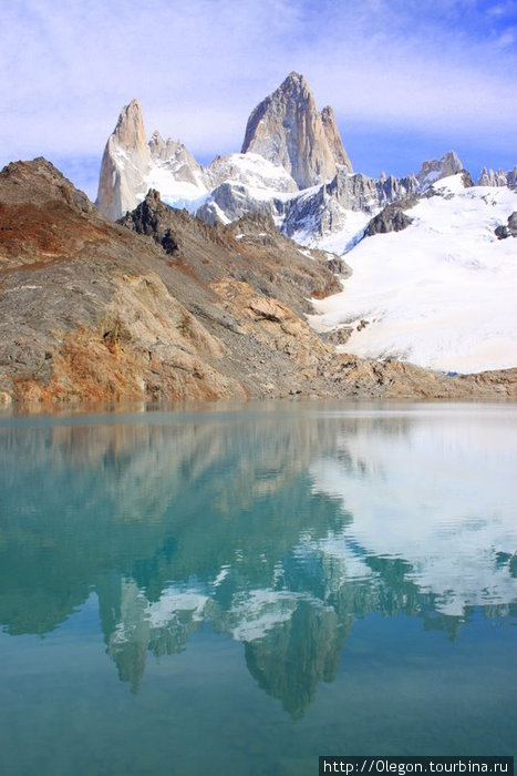 Вершина Фитз Роя отражается в чистейшей воде озера под ледником Лос-Гласьярес Национальный парк, Аргентина
