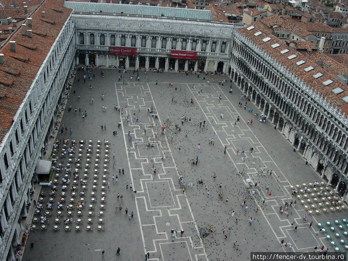 Площадь Сан-Марко с ровными рядами столиков кафе и кучками голубей Венеция, Италия