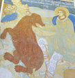 Репродукция древнерусской фрески, на которой изображён поединок князя Ярослава с медведицей