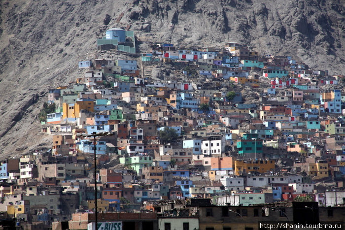Домики на склоне горы — на противоположном от Президентского дворца берегу реки Лима, Перу