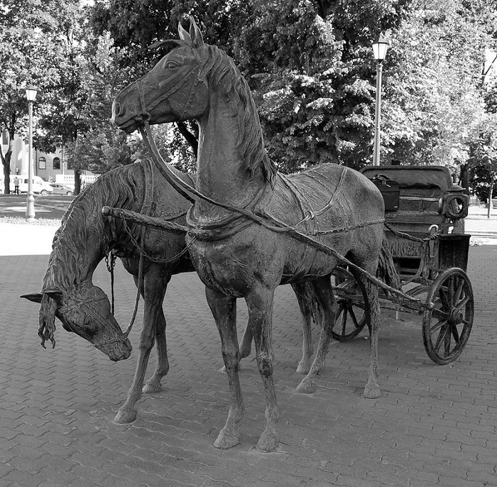 Скульптура лошади с каретой расположена около Минской ратуши. Скульптор В.Жбанов.
Адрес:  пл. Свободы, д. 2А Минск, Беларусь