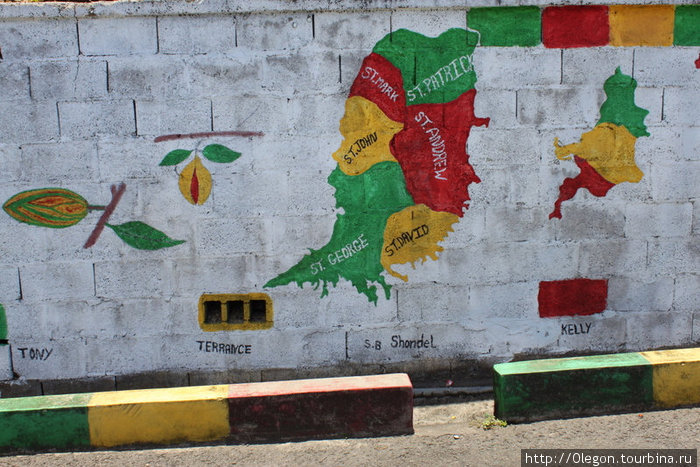Карта острова, разбитая по приходам-провинциям, рядом изображение муската и плода какао Гренада