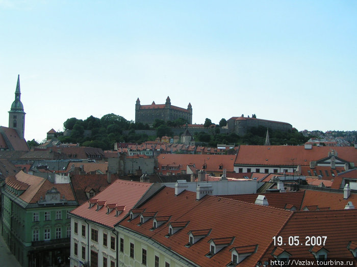 Городские крыши; вдалеке виден Братиславский замок Братислава, Словакия
