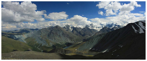 Панорама с перевала Кара-Тюрек на Белуху, Аккемское озеро и долину Ярлу Горно-Алтайск, Россия