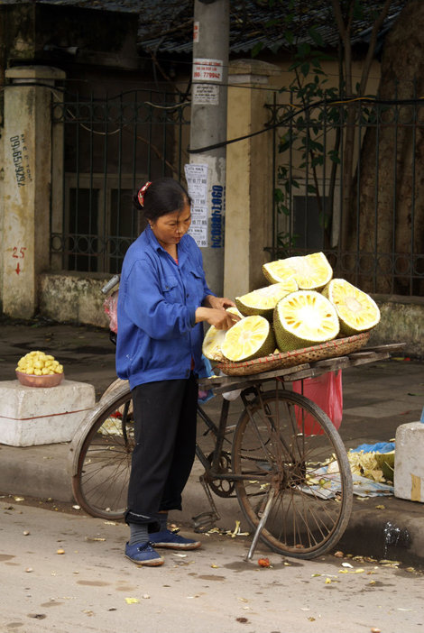 Торговка плодами хлебного дерева с велосипедом Ханой, Вьетнам