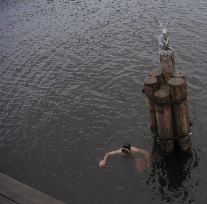 ...здесь туристы кидают деньги к памятнику Зайцу (остров-то – Заячий), а местный водолаз их достаёт и присваивает :)... Санкт-Петербург, Россия