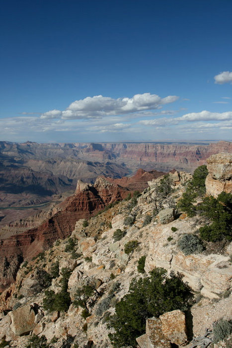 Мы попали в на него с южной стороны, так называемый South Rim. На протяжении многих километров вдоль каньона тянется дорога, на которой каждые милю-две имеются ответвления на лучшае вью-поинты Национальный парк Гранд-Каньон, CША