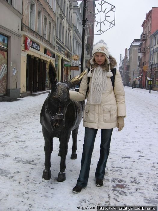 По улицам Торуни, к примеру, преспокойно бродит металлический ослик (слева). :) Польша
