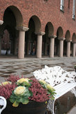 скамейка и цветы перед зданием Ратуши