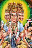Индуистский бог Вишну — с многими лицами, верхом на павлине
