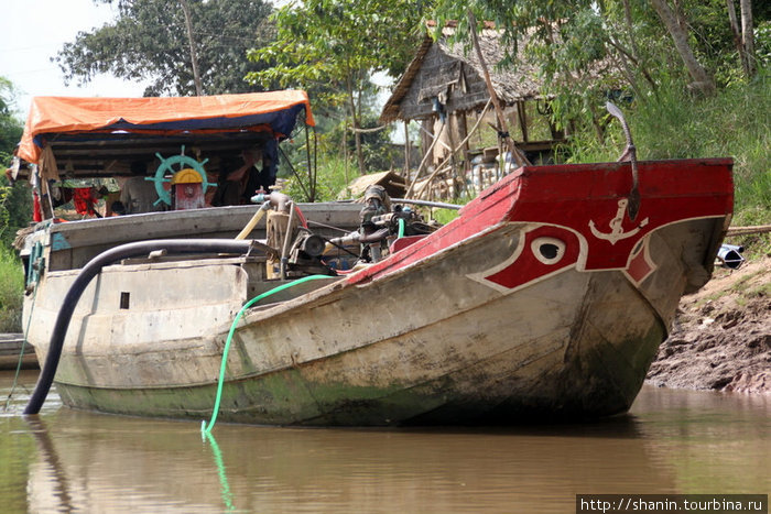 Лодка с очень большими глазами у берега Дельта реки Меконг, Вьетнам