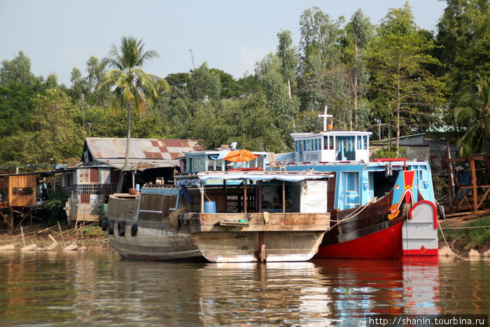 Лодки на приколе Дельта реки Меконг, Вьетнам