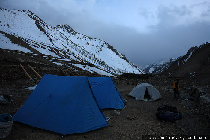 Наш палаточный лагерь у деревни До. Очень холодно, всю ночь шёл снег. Непал
