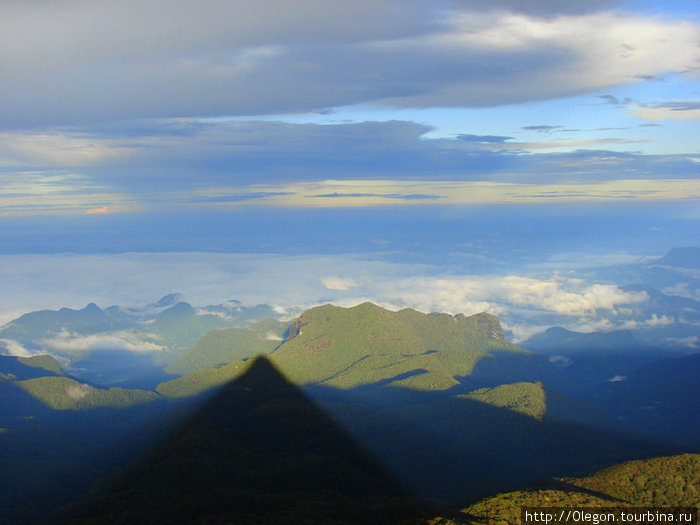 Солнце поднялось и с другой стороныгоры можно увидеть конусообразную тень от горы Шри Пада Пик (Пик Адама 2243м)  заповедник дикой природы, Шри-Ланка
