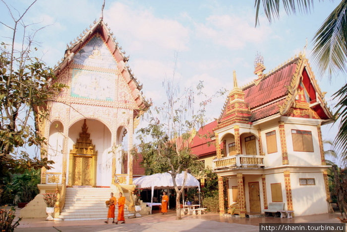На территории буддистского вата — монахи идут за утренним подаянием Вьентьян, Лаос