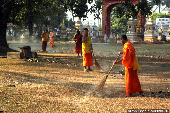 Традиционная утренняя уборка. Все монахи — независимо от статуса — подметают территорию монастыря Вьентьян, Лаос