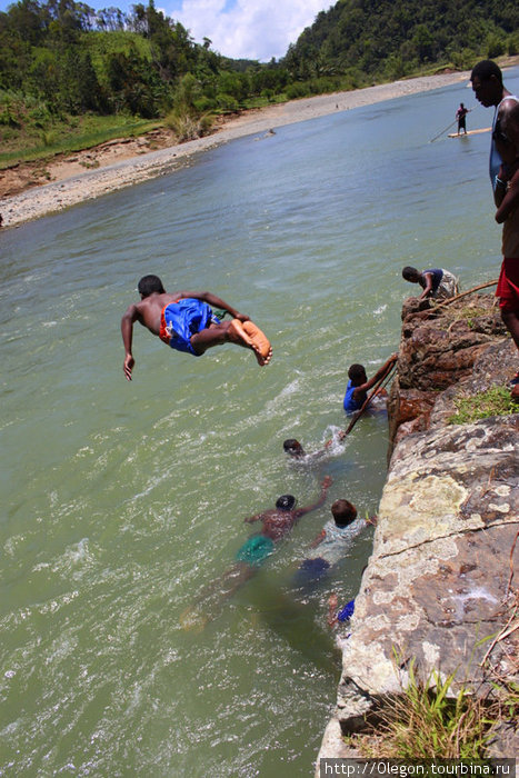 В жарком климате- река спасение, все с удовольствием ныряют в реку Остров Вити-Леву, Фиджи
