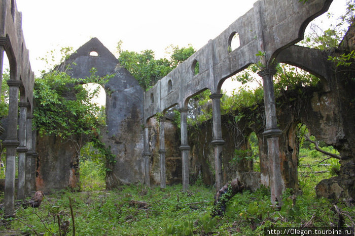 Заросшие зеленью стены старой церкви, пережившей тайфун Самоа