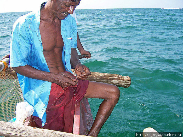 Рыбак насаживает наживку Шри-Ланка