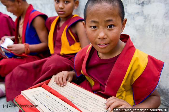 Бонский монастырь Тритэн Норбуце в Катманду. Юные монахи за изучением священной книги Непал