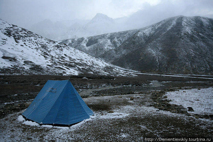 Вид на горы с которых мы спустились, и мою палатку. Непал