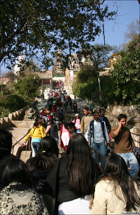 Наверх, 365 ступеней.
В этот день был какой-то небольшой локальный праздник, когда все школьники приходят на ступу просить успехов в учёбе. Небольшой праздник, но шумный. Дети-с :) Катманду, Непал