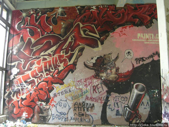 Граффити остались после проходившего здесь в 2007 году  граффити-фестиваля «Paint Methods» Барнаул, Россия