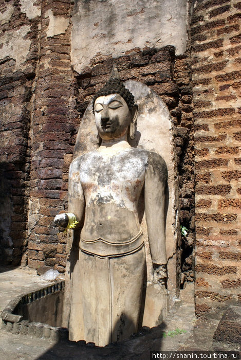 Стоящий у стены Будда Си-Сатчаналай Исторический Парк, Таиланд