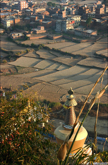 Парпинг в одной фотографии: бамбук, ступы, поля и вид вниз на долину. Зона Багмати, Непал