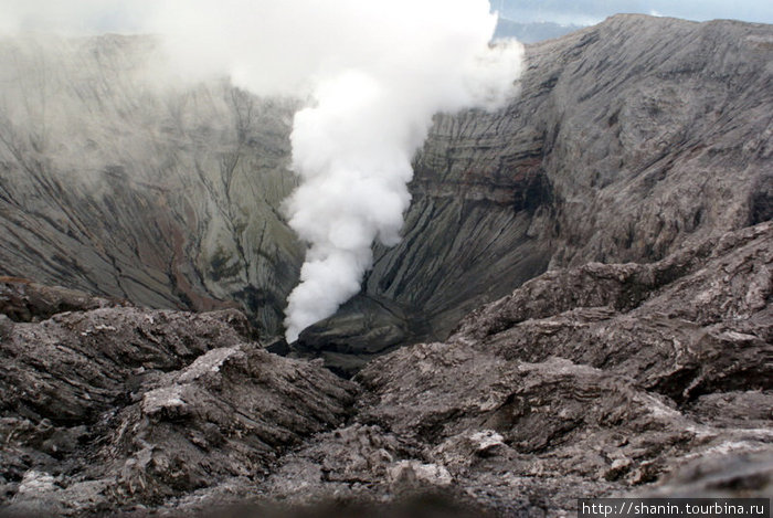 Столб пара вырывается из дна кратера Бромо Проболингго, Индонезия