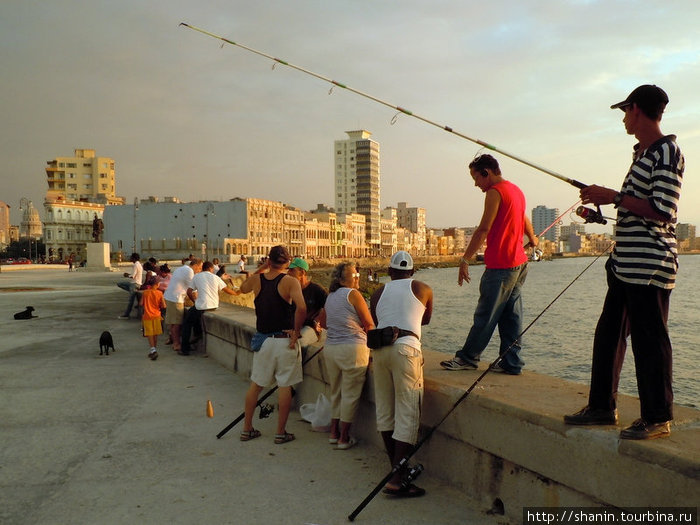 Рыбаки на набережной в Гаване Куба