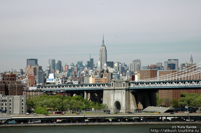 Вид с Бруклинского моста на даунтаун Манхеттен. В центре видна Empire States Building. Нью-Йорк, CША