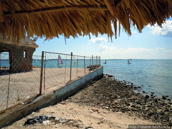 Вид из-под зонтика на пляже Сьенфуэгос, Куба