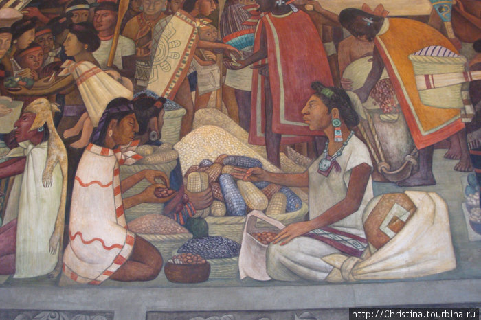 Одна из фресок. Бартер ацтеков. Кукуруза, фасоль и др. культуры. Ацтеки были практически вегетарианцы. Скот в Мексику завезли испанцы! Мехико, Мексика