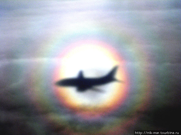 Оптическое чудо. Тень нашего самолёта на облаках. (Фото — дочери Алины). Неос-Мармарас, Греция
