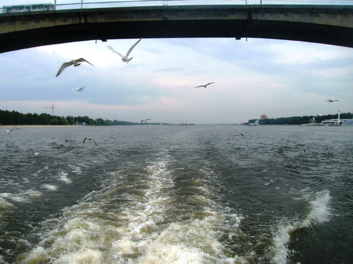 Волга и Ярославль сквозь арку моста Толга, Россия