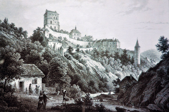 19 век. Пейзаж с видом на замок. Карлштейн, Чехия