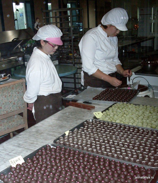 А работницы в белых кулинарных беретах и халатах кисточками покрывают их разноцветной глазурью. Чеджу, Республика Корея