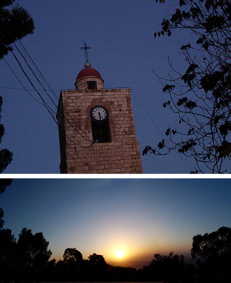 Гора Фавор. Часы на башне показывают время утренней молитвы. Ниже — один восход от тысячи невзгод, тем более, если это восход на горе Фавор. Израиль
